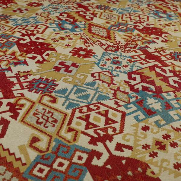 Shajahan Kilim Patchwork Pattern Yellow Blue Red Multi Coloured Furnishing Fabric - Made To Measure Curtains