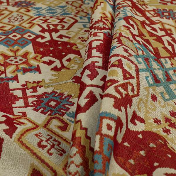 Shajahan Kilim Patchwork Pattern Yellow Blue Red Multi Coloured Furnishing Fabric - Made To Measure Curtains