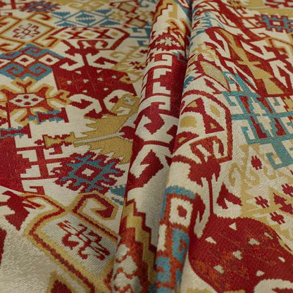 Shajahan Kilim Patchwork Pattern Yellow Blue Red Multi Coloured Furnishing Fabric - Made To Measure Curtains