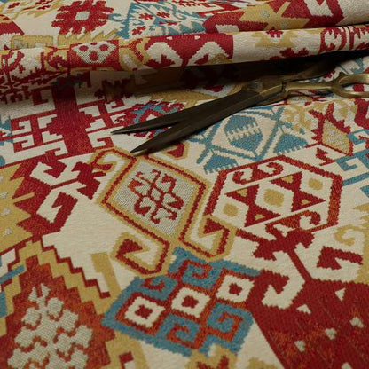 Shajahan Kilim Patchwork Pattern Yellow Blue Red Multi Coloured Furnishing Fabric - Roman Blinds