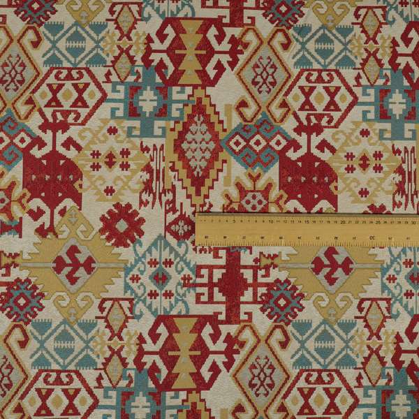Shajahan Kilim Patchwork Pattern Yellow Blue Red Multi Coloured Furnishing Fabric - Roman Blinds