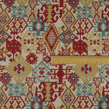 Shajahan Kilim Patchwork Pattern Yellow Blue Red Multi Coloured Furnishing Fabric - Roman Blinds