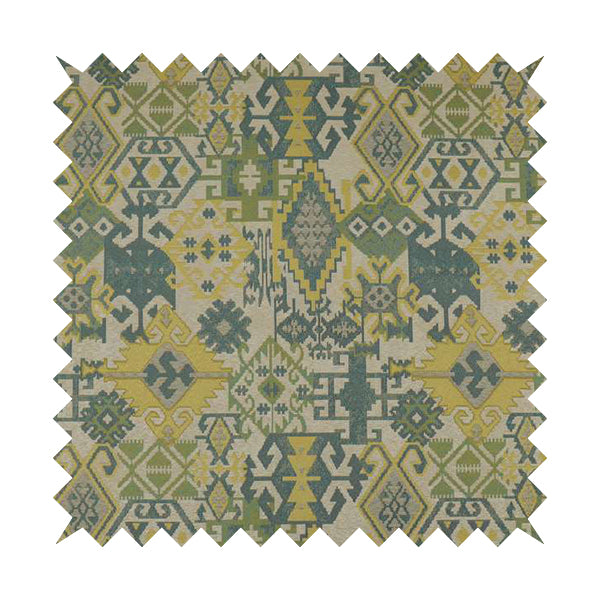 Shajahan Kilim Patchwork Pattern Blue Green Yellow Coloured Furnishing Fabric - Roman Blinds