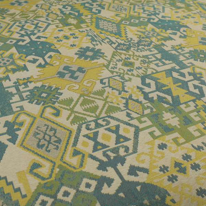 Shajahan Kilim Patchwork Pattern Blue Green Yellow Coloured Furnishing Fabric - Roman Blinds