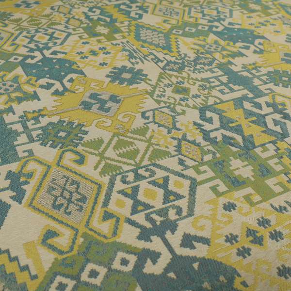 Shajahan Kilim Patchwork Pattern Blue Green Yellow Coloured Furnishing Fabric - Made To Measure Curtains