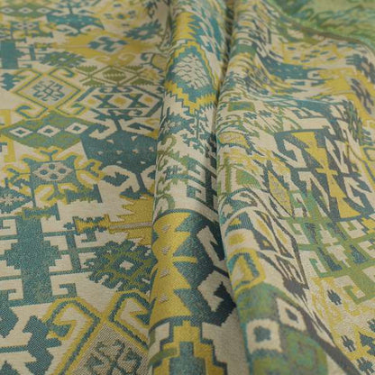 Shajahan Kilim Patchwork Pattern Blue Green Yellow Coloured Furnishing Fabric - Made To Measure Curtains