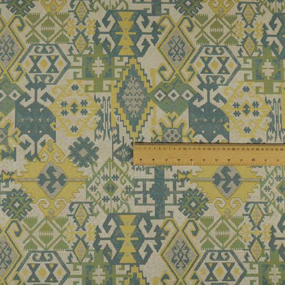 Shajahan Kilim Patchwork Pattern Blue Green Yellow Coloured Furnishing Fabric - Made To Measure Curtains