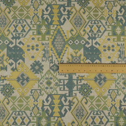 Shajahan Kilim Patchwork Pattern Blue Green Yellow Coloured Furnishing Fabric