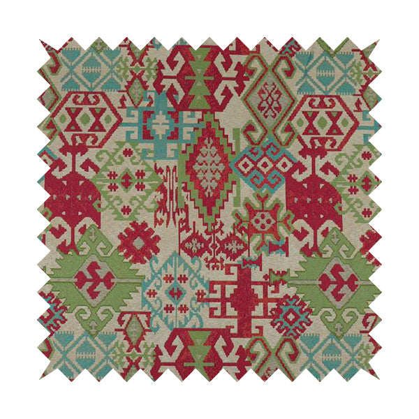 Shajahan Kilim Patchwork Pattern Pink Blue Green Coloured Furnishing Fabric - Made To Measure Curtains