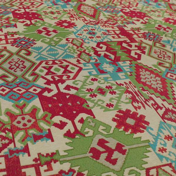 Shajahan Kilim Patchwork Pattern Pink Blue Green Coloured Furnishing Fabric - Made To Measure Curtains