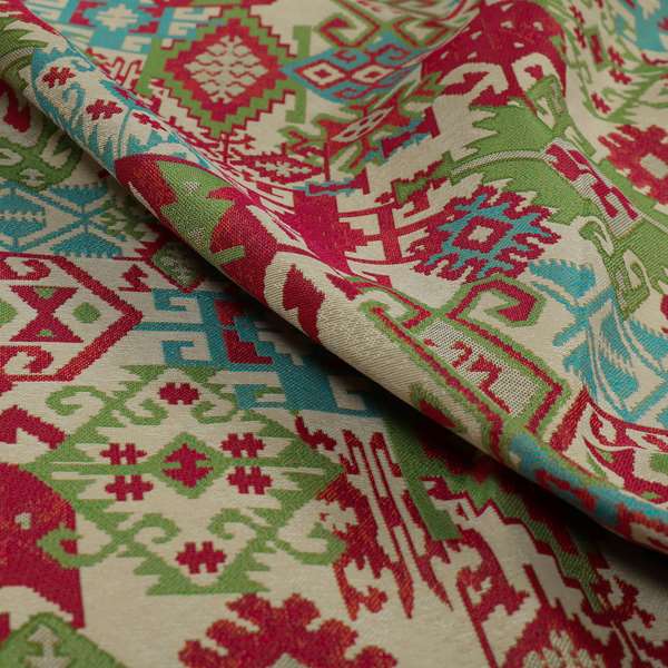 Shajahan Kilim Patchwork Pattern Pink Blue Green Coloured Furnishing Fabric - Roman Blinds