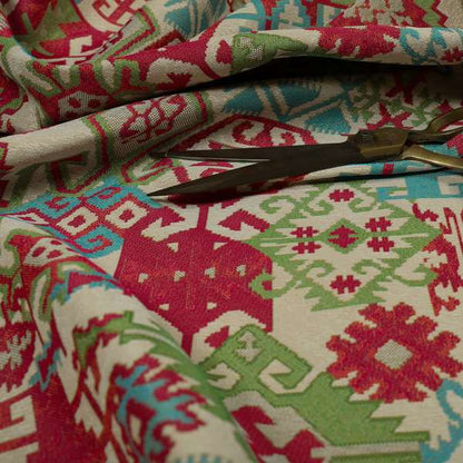 Shajahan Kilim Patchwork Pattern Pink Blue Green Coloured Furnishing Fabric
