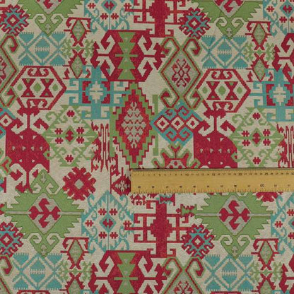 Shajahan Kilim Patchwork Pattern Pink Blue Green Coloured Furnishing Fabric - Made To Measure Curtains