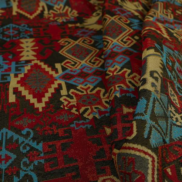 Shajahan Kilim Patchwork Pattern Green Blue Red Yellow Coloured Furnishing Fabric - Made To Measure Curtains