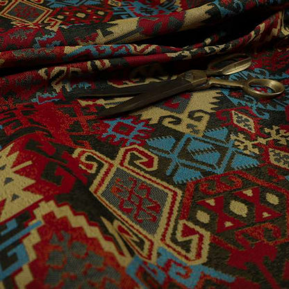 Shajahan Kilim Patchwork Pattern Green Blue Red Yellow Coloured Furnishing Fabric - Roman Blinds