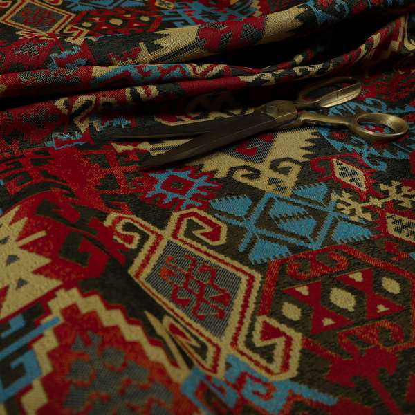 Shajahan Kilim Patchwork Pattern Green Blue Red Yellow Coloured Furnishing Fabric - Made To Measure Curtains