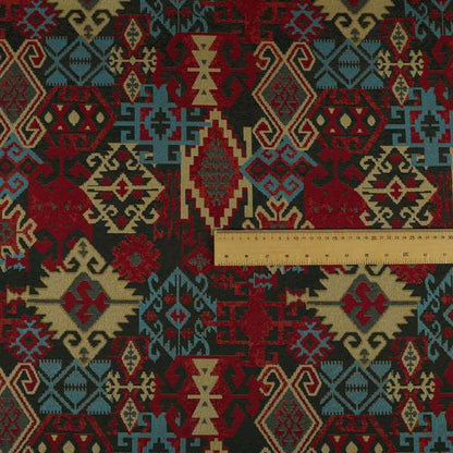 Shajahan Kilim Patchwork Pattern Green Blue Red Yellow Coloured Furnishing Fabric - Made To Measure Curtains