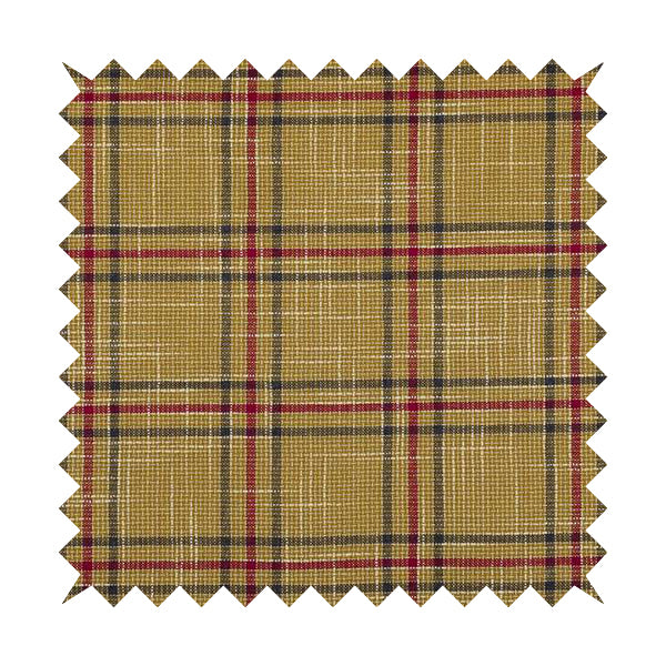 Shaldon Woven Tartan Pattern Upholstery Fabric In Yellow Background With Red - Handmade Cushions