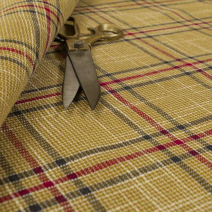 Shaldon Woven Tartan Pattern Upholstery Fabric In Yellow Background With Red - Handmade Cushions