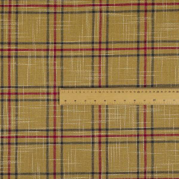 Shaldon Woven Tartan Pattern Upholstery Fabric In Yellow Background With Red - Made To Measure Curtains