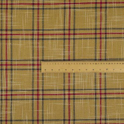 Shaldon Woven Tartan Pattern Upholstery Fabric In Yellow Background With Red - Handmade Cushions