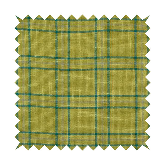 Shaldon Woven Tartan Pattern Upholstery Fabric In Green Background With Blue