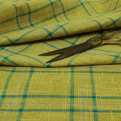 Shaldon Woven Tartan Pattern Upholstery Fabric In Green Background With Blue