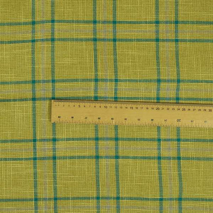 Shaldon Woven Tartan Pattern Upholstery Fabric In Green Background With Blue