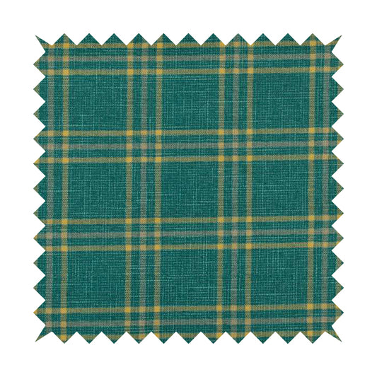 Shaldon Woven Tartan Pattern Upholstery Fabric In Blue Background With Yellow
