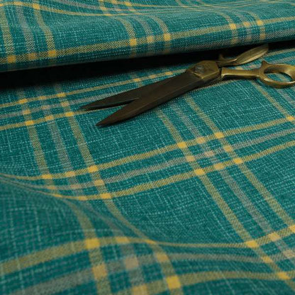 Shaldon Woven Tartan Pattern Upholstery Fabric In Blue Background With Yellow - Made To Measure Curtains