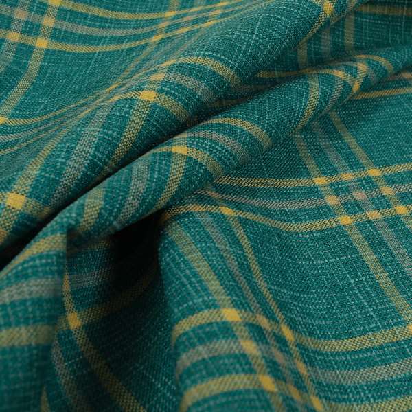 Shaldon Woven Tartan Pattern Upholstery Fabric In Blue Background With Yellow - Handmade Cushions