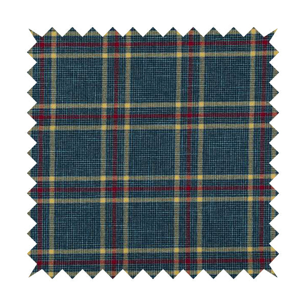 Shaldon Woven Tartan Pattern Upholstery Fabric In Blue Background With Red - Handmade Cushions