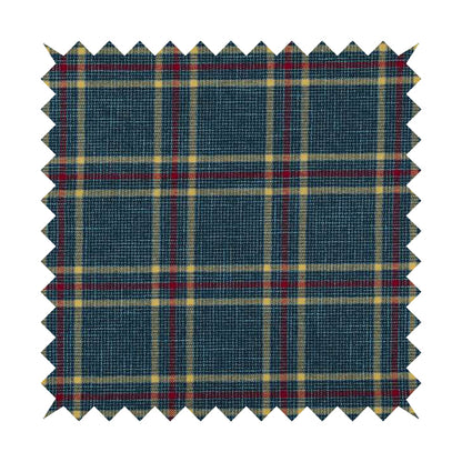 Shaldon Woven Tartan Pattern Upholstery Fabric In Blue Background With Red - Handmade Cushions