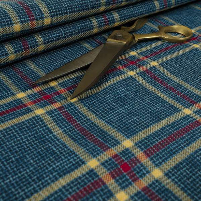 Shaldon Woven Tartan Pattern Upholstery Fabric In Blue Background With Red - Handmade Cushions