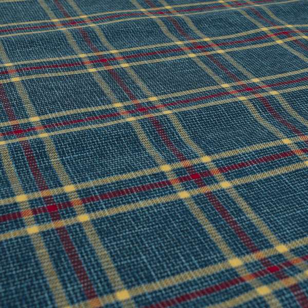 Shaldon Woven Tartan Pattern Upholstery Fabric In Blue Background With Red - Made To Measure Curtains