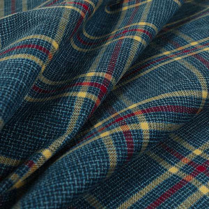 Shaldon Woven Tartan Pattern Upholstery Fabric In Blue Background With Red - Made To Measure Curtains