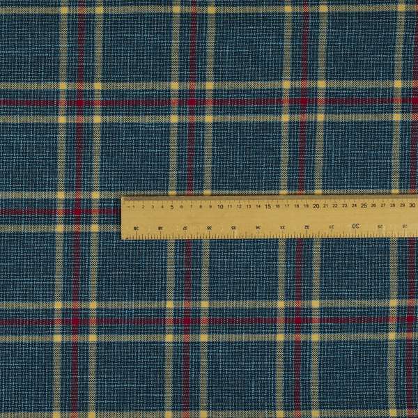 Shaldon Woven Tartan Pattern Upholstery Fabric In Blue Background With Red - Made To Measure Curtains