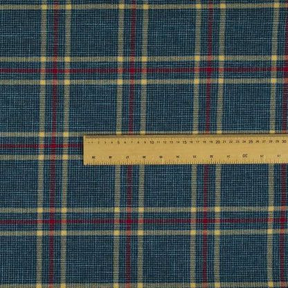 Shaldon Woven Tartan Pattern Upholstery Fabric In Blue Background With Red - Handmade Cushions