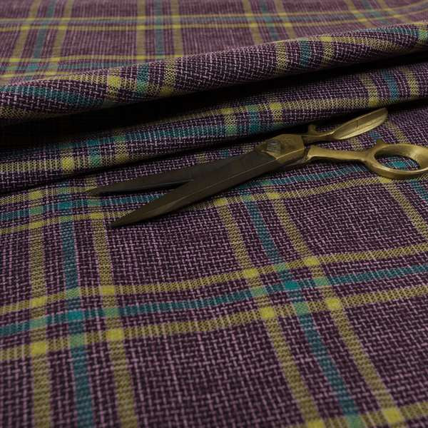 Shaldon Woven Tartan Pattern Upholstery Fabric In Purple Background With Blue - Roman Blinds