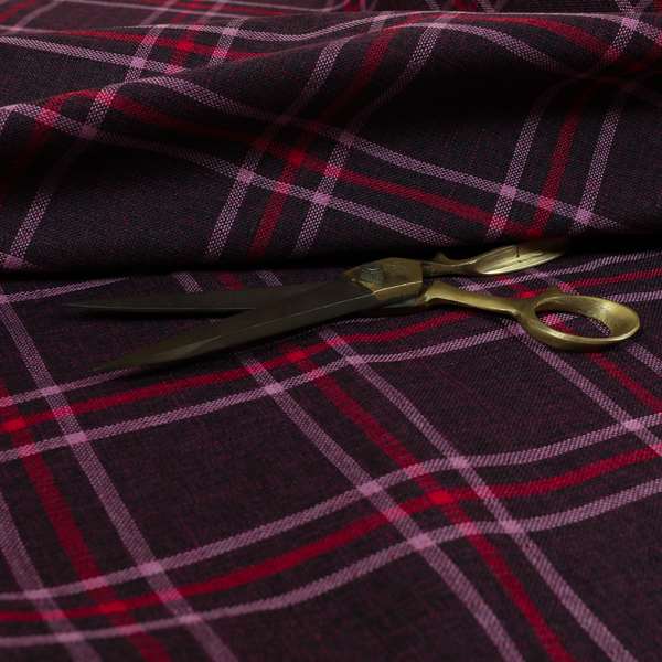 Shaldon Woven Tartan Pattern Upholstery Fabric In Purple Background With Red - Made To Measure Curtains