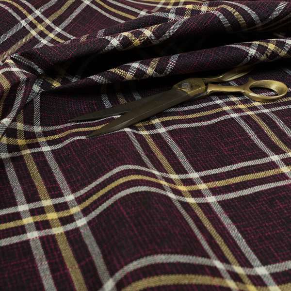 Shaldon Woven Tartan Pattern Upholstery Fabric In Purple Background With Yellow - Handmade Cushions