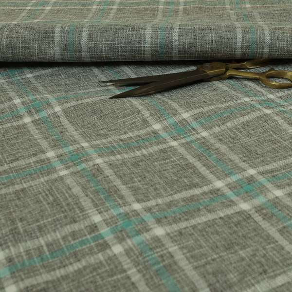 Shaldon Woven Tartan Pattern Upholstery Fabric In Silver Background With Blue - Made To Measure Curtains