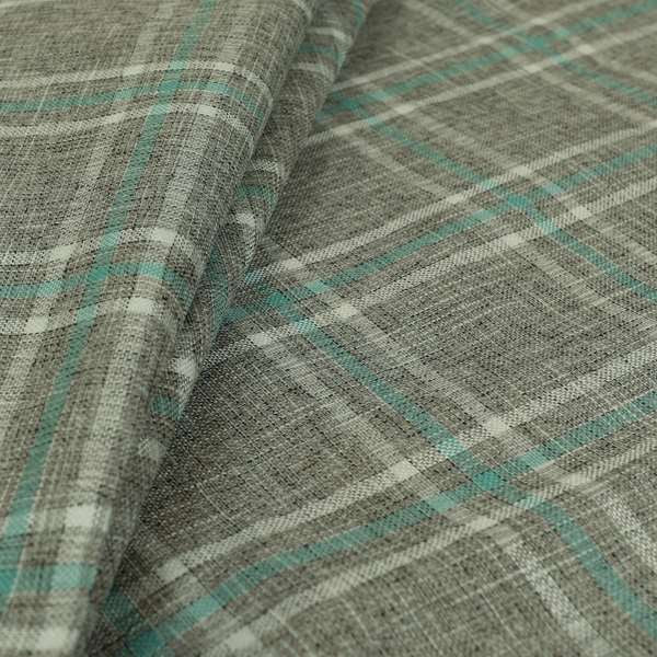 Shaldon Woven Tartan Pattern Upholstery Fabric In Silver Background With Blue - Made To Measure Curtains