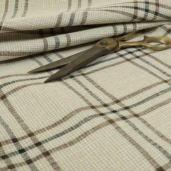 Shaldon Woven Tartan Pattern Upholstery Fabric In Beige Background With Black