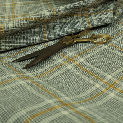 Shaldon Woven Tartan Pattern Upholstery Fabric In Grey Background With Yellow - Handmade Cushions