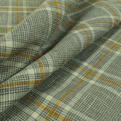 Shaldon Woven Tartan Pattern Upholstery Fabric In Grey Background With Yellow - Handmade Cushions