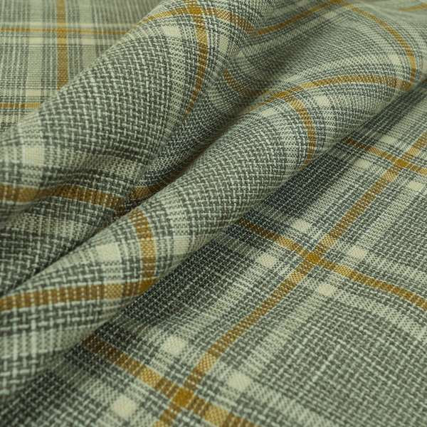 Shaldon Woven Tartan Pattern Upholstery Fabric In Grey Background With Yellow