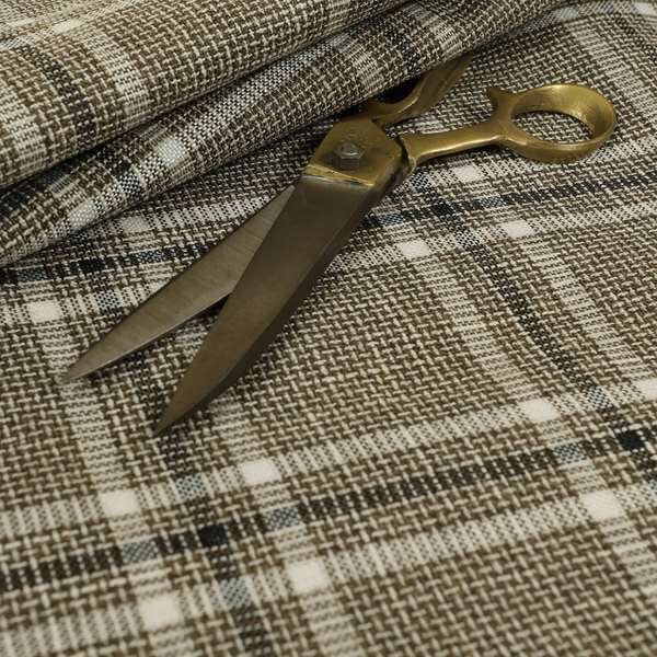 Shaldon Woven Tartan Pattern Upholstery Fabric In Brown White Background With White - Handmade Cushions