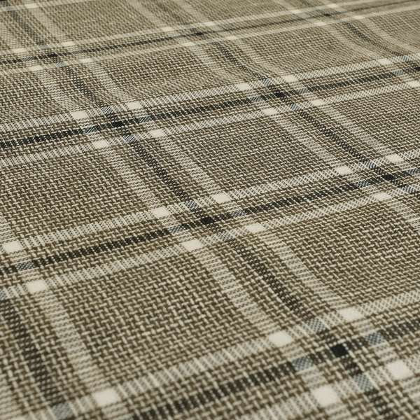 Shaldon Woven Tartan Pattern Upholstery Fabric In Brown White Background With White