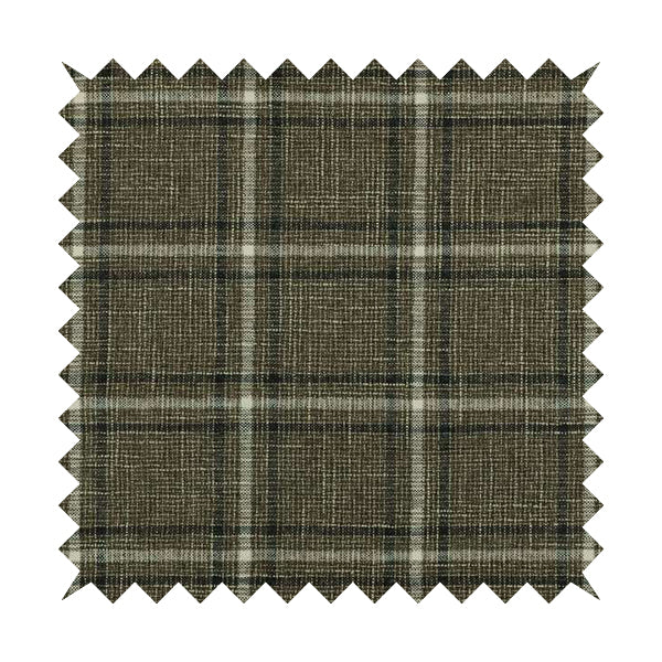 Shaldon Woven Tartan Pattern Upholstery Fabric In Brown Background With White